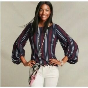 Cabi Coastal Preppy Blouse Womens XL Striped Red White Blue Balloon Sleeve 5516
